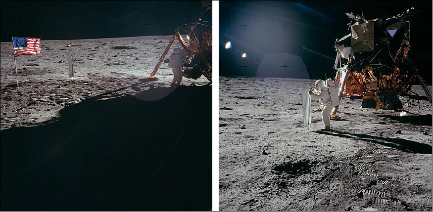 Figure 18: Left: One of the few still photographs of Armstrong on the lunar surface, packing the bulk sample at the MESA; the American flag and the Solar Wind Collection experiment can be seen in the left of the photograph. Right: Aldrin setting up the Solar Wind Collection experiment (image credit: NASA)