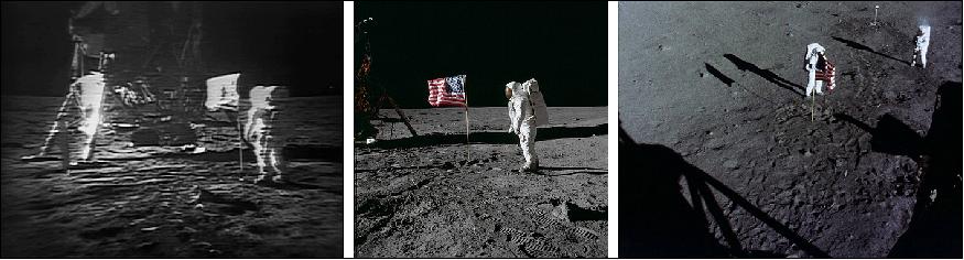 Figure 16: Three views of the same scene to provide spatial perspective on the astronauts' activity. Left: A still from the live TV downlink that millions of viewers on Earth saw. Middle: Photograph of Aldrin and the US flag taken by Armstrong. Right: Still from the 16-mm film taken by the automatic camera installed inside the LM on Aldrin's forward window (image credit: NASA)
