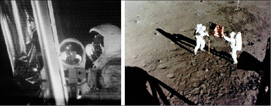 Figure 15: Left: Aldrin (left) and Armstrong reading the plaque mounted on Eagle's forward landing leg strut. Right: Still from 16-mm film of Armstrong (left) and Aldrin setting up the American flag (image credit: NASA)