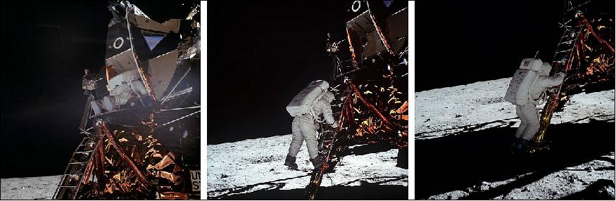 Figure 14: Sequence of images of Aldrin climbing down Eagle's ladder to join Armstrong on the surface (image credit: NASA)