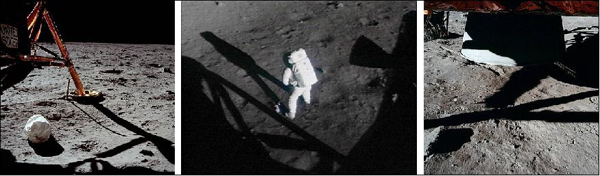 Figure 13: Left: First photograph from the surface EVA, showing a jettison bag and a gouge left in the lunar soil by the landing probe as Eagle drifted just before touchdown. Middle: Still from the 16-mm film of Armstrong collecting the contingency sample. Right: View of Eagle's Descent Stage engine bell, also showing a gouge in the soil by another landing probe (image credit: NASA)