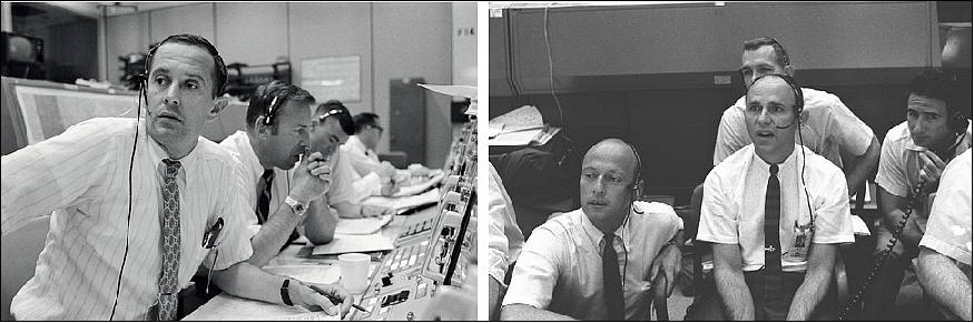 Figure 10: Left: In Mission Control during the descent to the Moon (left to right) Capcom Duke, and Apollo 11 crewmembers James A. Lovell and Fred W. Haise. Right: In Mission Control during the Moon landing (left to right) Apollo 12 prime crewmembers Charles Conrad and Alan L. Bean and their backups David R. Scott and James B. Irwin (image credit: NASA)