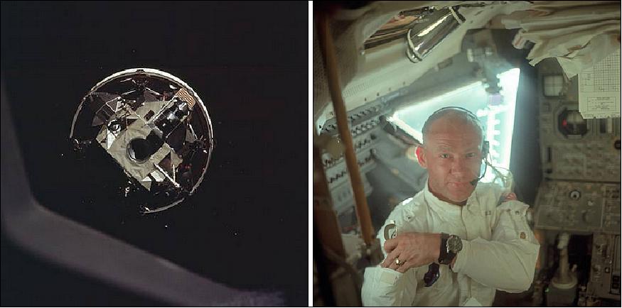 Figure 5: Left: The LM Eagle still in the third stage during the transposition and docking maneuver, as seen from the CM Columbia. Right: Aldrin inside the LM Eagle during the first activation, on the way to the Moon (image credit: NASA)