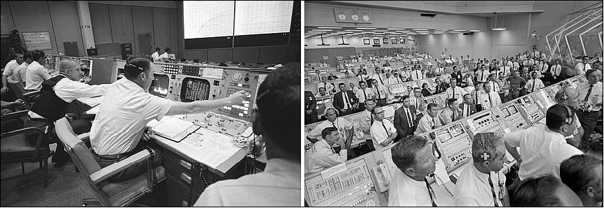 Figure 3: Left: Flight Director Charlesworth in MCC during Apollo 11 launch. Right: Engineers in KSC's Firing Room watch the launch after Apollo 11 cleared the launch tower (image credit: NASA)