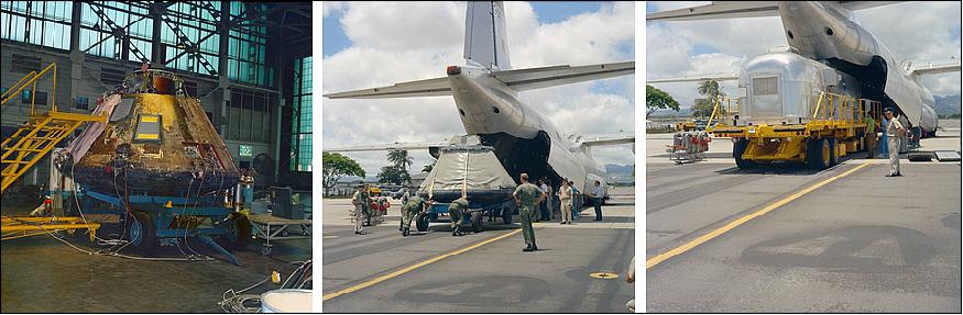 Figure 50: Left: Workers safe the Apollo 11 CM Columbia at Ford Island, Hawaii. Middle: Workers load Columbia aboard a transport plane at Hickam AFB. Right: Workers load the backup MQF aboard a transport plane at Hickam AFB (image credit: NASA)