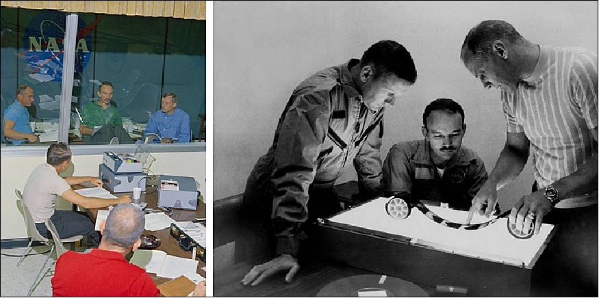 Figure 49: Left: Apollo 11 astronauts (left to right) Aldrin, Collins, and Armstrong participate in their first debrief in the LRL with Reeder (left) and Slayton (in red shirt). Right: Apollo 11 astronauts (left to right) Armstrong, Collins, and Aldrin review film from their historic mission in the LRL's CRA (image credit: NASA)