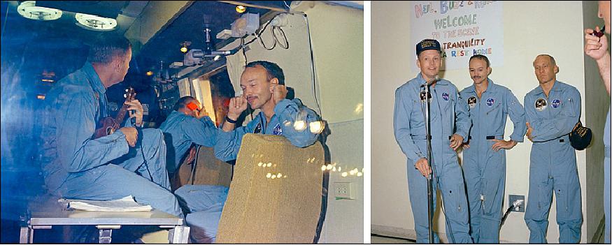 Figure 48: Left: Apollo 11 astronauts in the MQF after arriving at Ellington AFB – Aldrin in background talks with his wife Joan on the orange telephone while Armstrong strums a ukulele and Collins playfully plugs his ears to give Aldrin privacy. Right: Apollo 11 astronauts (left to right) Armstrong, Collins, and Aldrin give brief speeches upon their arrival in the Crew Reception Area of the LRL (image credit: NASA)