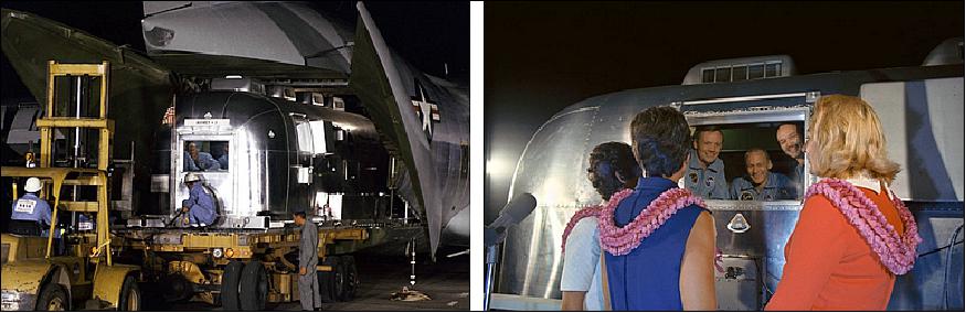 Figure 47: Left: Workers offload the MQF with Apollo 11 astronauts aboard at Ellington AFB. Right: Apollo 11 astronauts (left to right) Armstrong, Aldrin, and Collins in the MQF are greeted by their wives (left to right) Pat Collins, Jan Armstrong, and Joan Aldrin at Ellington AFB (image credit: NASA)