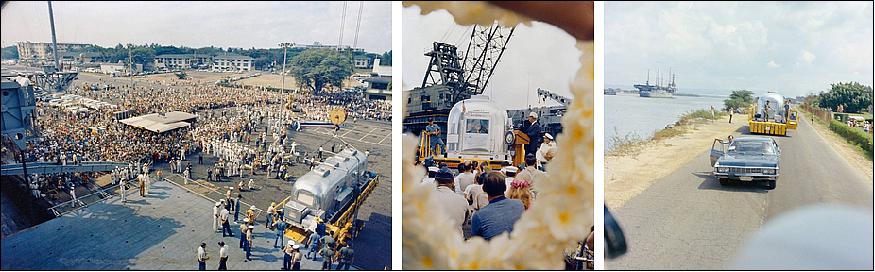 Figure 45: Left: Workers offload the MQF with the Apollo 11 astronauts inside from Hornet at Pearl Harbor, with a large crowd of well-wishers. Middle: MQF with Apollo 11 astronauts inside photographed through a flower lei during the welcome home ceremony at Pearl Harbor. Right: Trailer transporting MQF with Apollo 11 astronauts inside from Pearl Harbor to Hickam AFB (image credit: NASA)