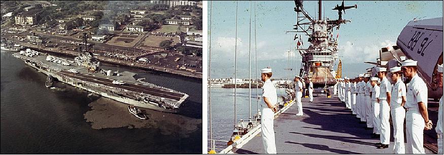 Figure 44: Left: USS Hornet pulling into dock at Pearl Harbor, Hawaii; the Apollo 11 CM Columbia can be seen on the forward starboard deck, between the two rows of aircraft. Right: Sailors on the deck of Hornet arriving at Pearl, with the Apollo 11 CM Columbia in the background (image credit: NASA)