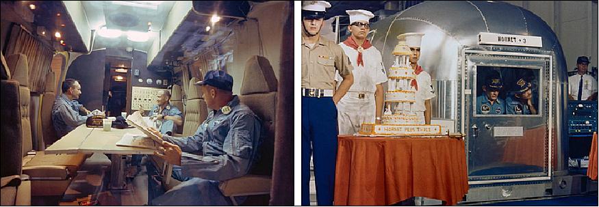 Figure 43: Left: Apollo 11 astronauts (left to right) Collins, Aldrin, and Armstrong inside the MQF aboard Hornet during the trip to Pearl Harbor. Right: A private shipboard welcome ceremony aboard Hornet for the Apollo 11 astronauts inside the MQF the day after splashdown (image credit: NASA)