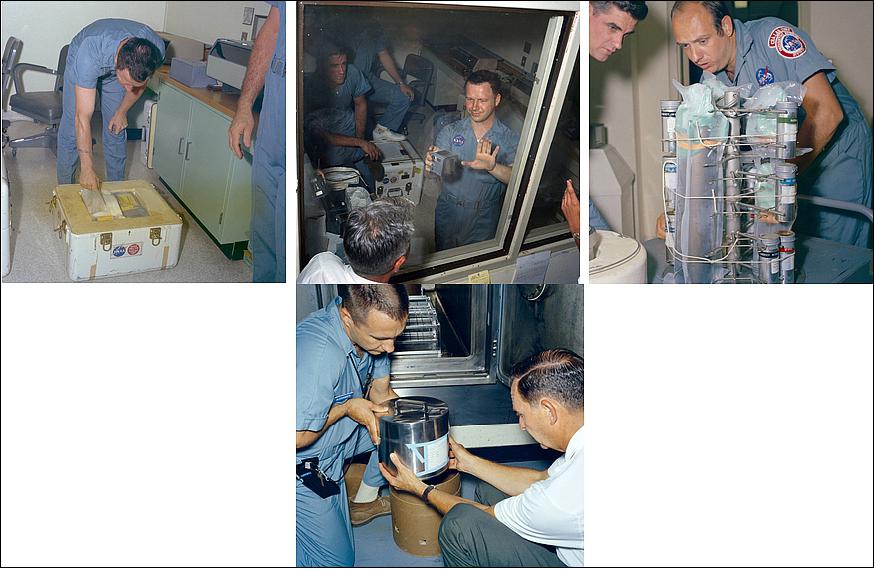 Figure 42: Left: Slezak unpacks the first container of Apollo 11 film in the LRL. Second from left: Slezak displays his fingers darkened by inadvertent exposure to lunar dust on a film magazine. Second from right: LRL personnel inventory Apollo 11 medical samples. Right: LRL personnel inventory 16-mm film cassettes in the LRL prior to decontamination (image credit: NASA)
