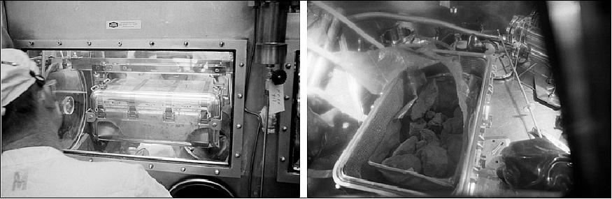 Figure 41: Left: The first ALSRC prior to opening inside the glovebox in the LRL. Right: The first ALSRC opened in the glovebox in the LRL, showing the lunar rocks inside (image credit: NASA)