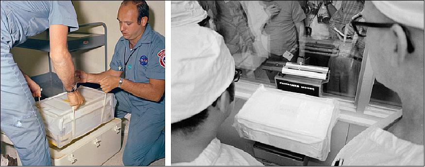 Figure 40: Left: Workers in the LRL unpack the first ALSRC. Right: Technicians weigh the first ALSRC in the LRL (image credit: NASA)
