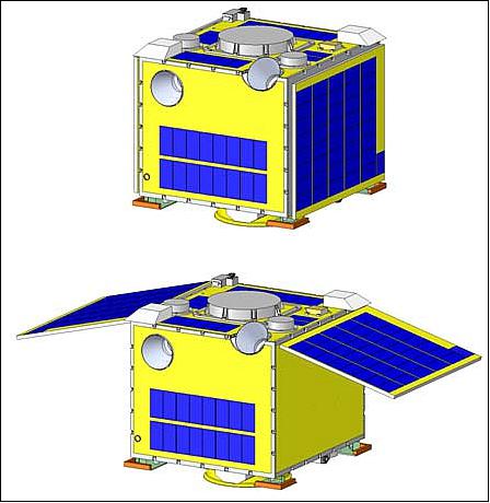 Figure 1: Artist's rendition of RISESat, shown in launch configuration (top) and in deployed configuration (bottom), image credit: RISESat consortium