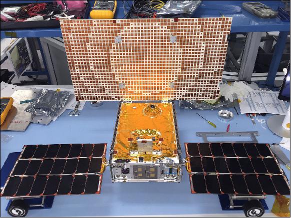 Figure 2: The MarCO CubeSats use a flat antenna called a reflectarray, the surface of which is patterned to mimic a parabolic dish, concentrating signals toward Earth (image credit: NASA/JPL)
