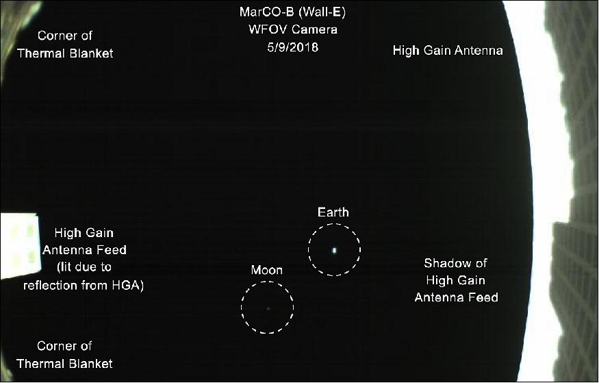 Figure 15: The first (annotated) image captured by the MarCO-B CubeSat on 9 May 2018, showing both the CubeSat's unfolded high-gain antenna at right, and the Earth and its moon in the center (image credit: NASA/JPL-Caltech)