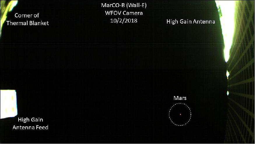 Figure 13: One of NASA's twin MarCO spacecraft took this image (annotated) of Mars on October 2 — the first time a CubeSat, a kind of low-cost, briefcase-sized spacecraft — has done so (image credit: NASA/JPL-Caltech)