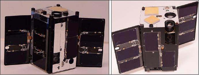 Figure 2: Photograph of the OCSD Pathfinder CubeSat (left) and alternate view of the Pathfinder CubeSat (right), image credit: The Aerospace Corporation