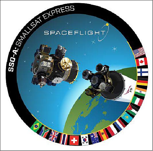 Figure 28: The Spaceflight SSO-A mission patch. Each nation that had a payload on SSO-A is represented by their national flag. The spacecraft shown on the patch are not the actual spacecraft that flew in order to maintain customer spacecraft confidentiality (image credit: Spaceflight)