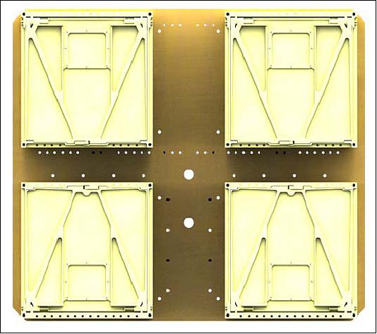 Figure 19: A CDAP with four 12U CSDs. Note the different bolt patterns to allow different dispenser types to interface with this structure (image credit: Spaceflight)