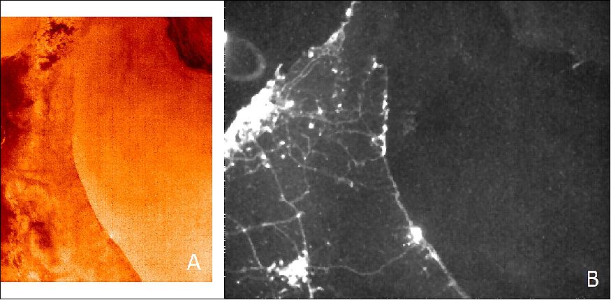Figure 20: Coastal UAE and Oman imaged by CUMULOS on 9 May 2019 at 22:45 UT. A) LWIR microbolometer, B) SWIR camera (image credit: The Aerospace Corporation)