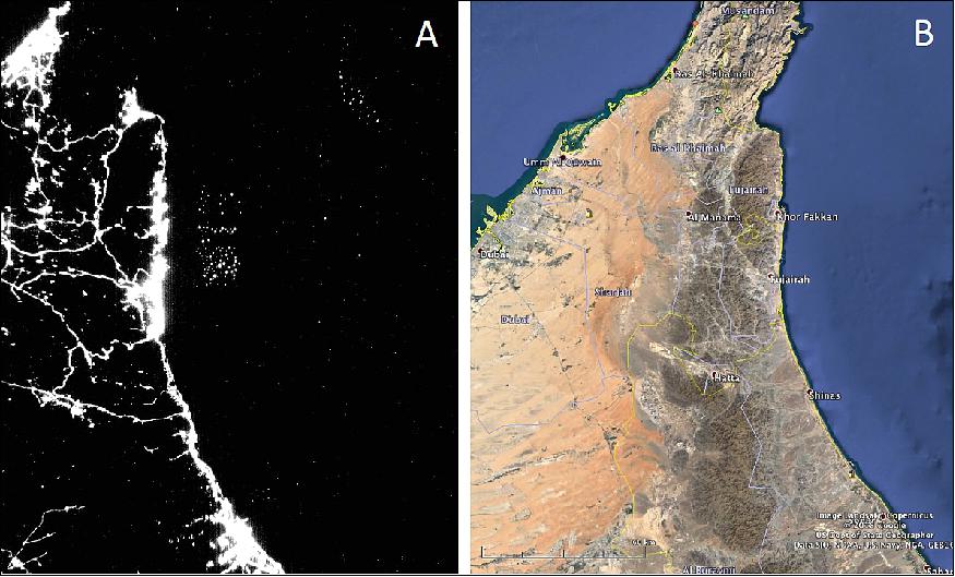 Figure 19: A) Ships moored off the UAE imaged by the CUMULOS VIS camera on 9 May 2019 at 22:45 UT. B) Map of region imaged (image credit: The Aerospace Corporation)
