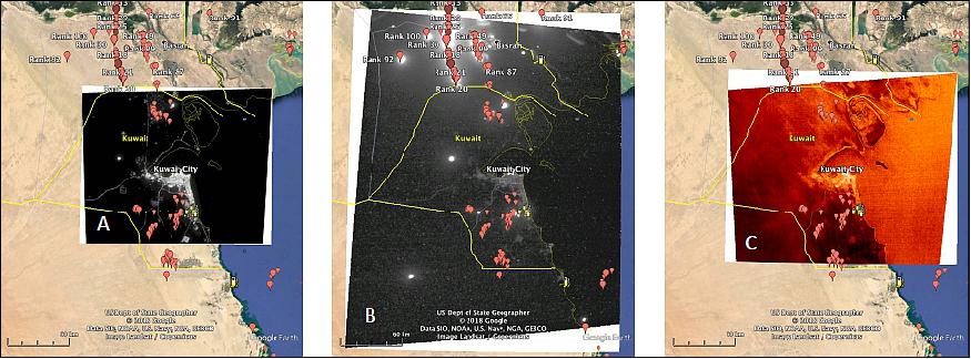 Figure 18: Georegistered CUMULOS data of Kuwait 17 September 2018 at 19:19 UT. Left to right A) VIS, B) SWIR and C) LWIR data. Coastal regions with very bright gas flares, road grids and urban regions are excellent tests of georegistration accuracy (image credit: The Aerospace Corporation)