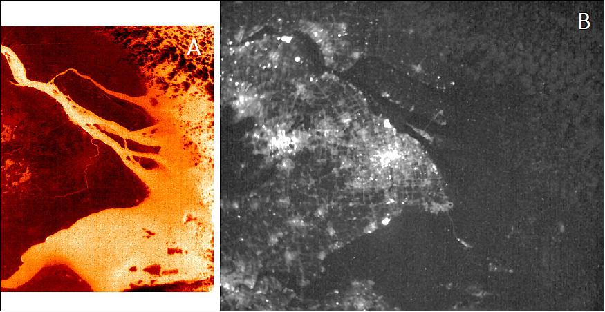Figure 16: Shanghai imaged by the CUMULOS LWIR microbolometer and SWIR cameras on 13 December 2018 at 12:50 UT. Both cameras are in high gain mode, the SWIR image has a logarithmic stretch applied. The SWIR camera is exposed for 31.7 ms (image credit: The Aerospace Corporation)