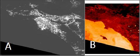 Figure 14: VIIRS DNB data of Los Angeles observed on 12 October 2018 at 10:11 UT. A) DNB, B) I-5 (10.5-12.4 µm), image credit: The Aerospace Corporation