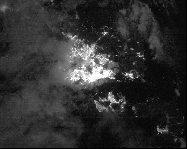 Figure 22: Singapore imaged by the CUMULOS VIS camera on 19 September 2018 at 13:12 UT stretched to show moonlit clouds and boats in the Singapore Strait (image credit: The Aerospace Corporation)