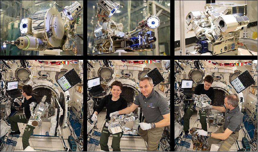 Figure 5: Top: RRM3 tools (left to right) — Visual Inspection Poseable Invertebrate Robot 2, Cryogen Servicing Tool, Multi-Function Tool 2 — during ground testing; Bottom: Astronauts Anne McClain and David Saint-Jacques pose with the corresponding RRM3 tools aboard the International Space Station (image credit: NASA)
