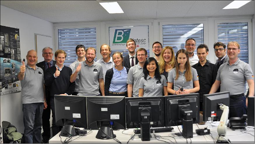 Figure 5: The CIMON team at the BIOTESC User Support Center at the Lucerne University of Applied Sciences and Arts was excited and relieved on 15 November 2018 following the first successful deployment of their 'protege' with Alexander gerst on the ISS (image credit: DLR (CC-BY 3.0)