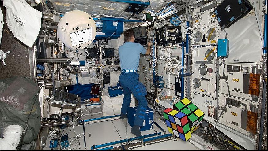 Figure 2: Artist's view of one of CIMON's exercises on the ISS will involve a Rubik's Cube (image credit: Airbus)