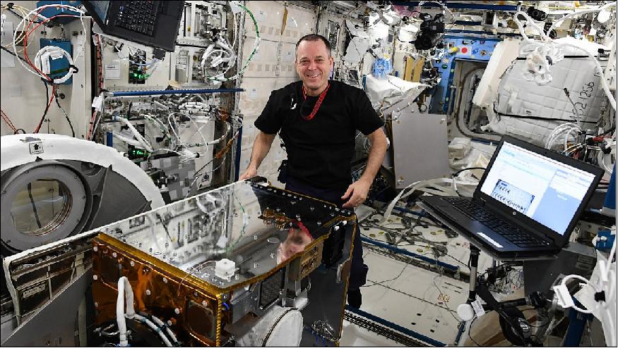 Figure 35: Photo of NASA astronaut commander Drew Feustel last week as he tackled the loading of the RemoveDebris microsatellite into the Kibo airlock (image credit: NASA/NanoRacks)