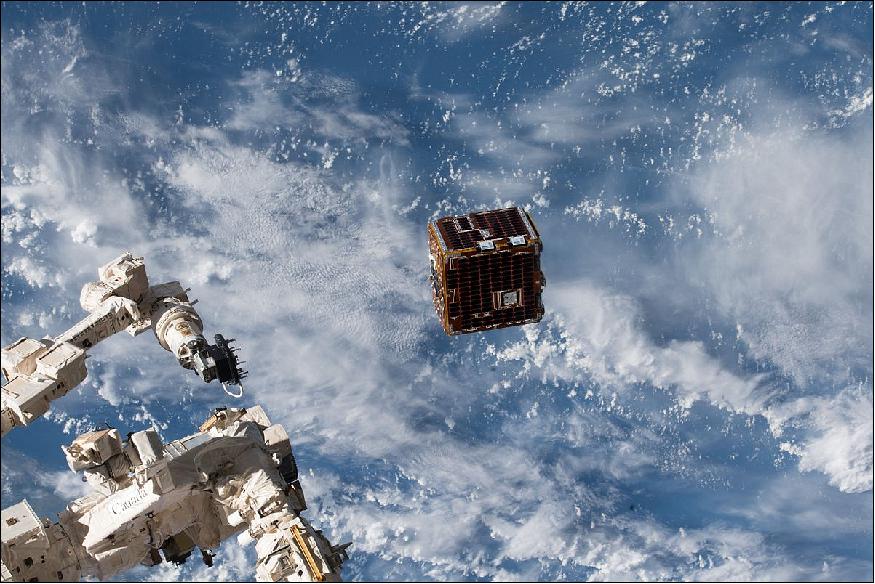 Figure 34: The RemoveDebris satellite deployed from the International Space Station on 20 June 2018 (image credit: NASA/NanoRacks/Ricky Arnold, Ref. 30)