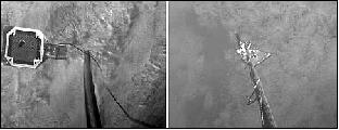 Figure 27: Left: Target captured by the harpoon, floating in space tethered to the mothercraft. Right: Target and tether line wrapper around the boom (image credit: RemoveDebris Team)