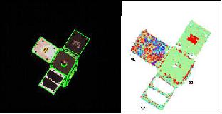 Figure 23: Left: View of DSAT#2 with shape contours, Right: image from LiDAR camera Harpoon Target Assembly in its deployed configuration (image credit: RemoveDebris Team)