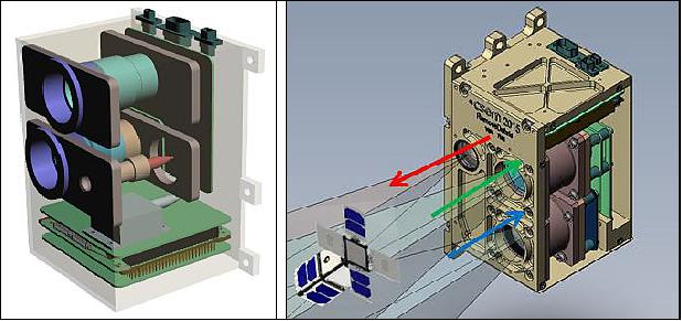 Figure 49: Left: Illustration of the VBN hardware; right: the VBN sensor and the DSAT-2 (image credit: RemoveDebris consortium)