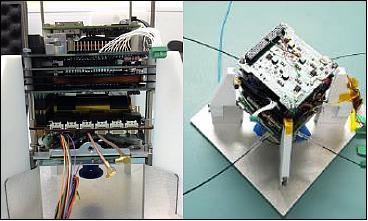 Figure 14: Avionics Stack Showing (top-to-bottom): QB50 ADCS Stack (before removal of the GPS and Pitch-Axis MW), GOMSpace EPS P31u with 20Whr Battery, ISIS TRXVU, ISIS Antenna Module and External 3-Axis Magnetometer; (right) Top View Showing the Valve Controller Board (VCB) and the Deployed ISIS Dipole Antennas (image credit: SSC)