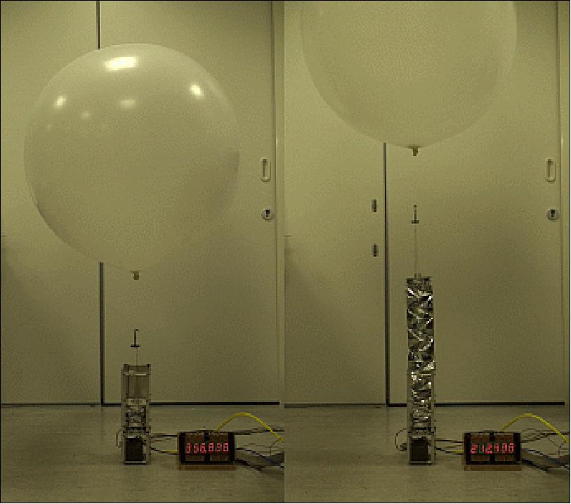 Figure 10: Deployment test of inflatable boom with gravity compensation. The buoyancy of the balloon was adjusted to counterbalance the weight of the top fitting (image credit: SCC, CGGSS)