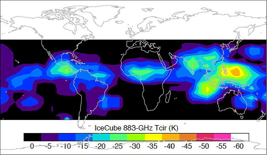 Figure 22: The first map of 883-GHz cloud-induced radiance (Tcir) from the ICIR (IceCube Cloud–Ice Radiometer). Tcir is defined as the difference between observed and modeled clear-sky radiances, and it is roughly proportional to cloud ice amount above ~11 km (Tcir is negative because cloud scattering acts to reduce the upwelling radiation at submm-wave frequencies), image credit: NASA's ICECube team