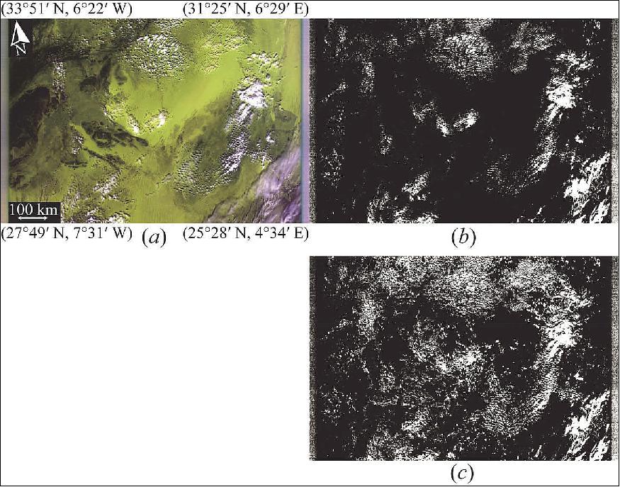 Figure 15: Cloud discrimination results for desert with and without the 1.60 µm band. (a) Input GOSAT CAI L1B image (GOSAT path 22 frame 26 in Algeria on 3 October 2012). R: CAI band 2, G: CAI band 3, B: CAI band 1. (b) Cloud discrimination by CLAUDIA-CAI using the 1.60 µm band. White pixels were assigned as cloud and black pixels were assigned as clear. (c) Cloud discrimination result not using the 1.60 µm band. The bright surface is misidentified as clouds (image credit: GOSAT-2 Team)