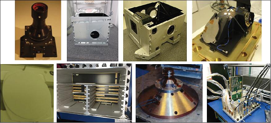 Figure 11: Key components of the FTS-2 instrument have been completed. Top row (left to right): FOV Monitor Camera, Integrated Optics Assembly Structure, Scene Selection Assembly Structure, Telescope. Bottom row (left to right): Spectralon for solar calibration target, Chassis for command and control electronics unit, Scanner optical encoder, Circuit card assemblies (image credit: Harris Corp.)