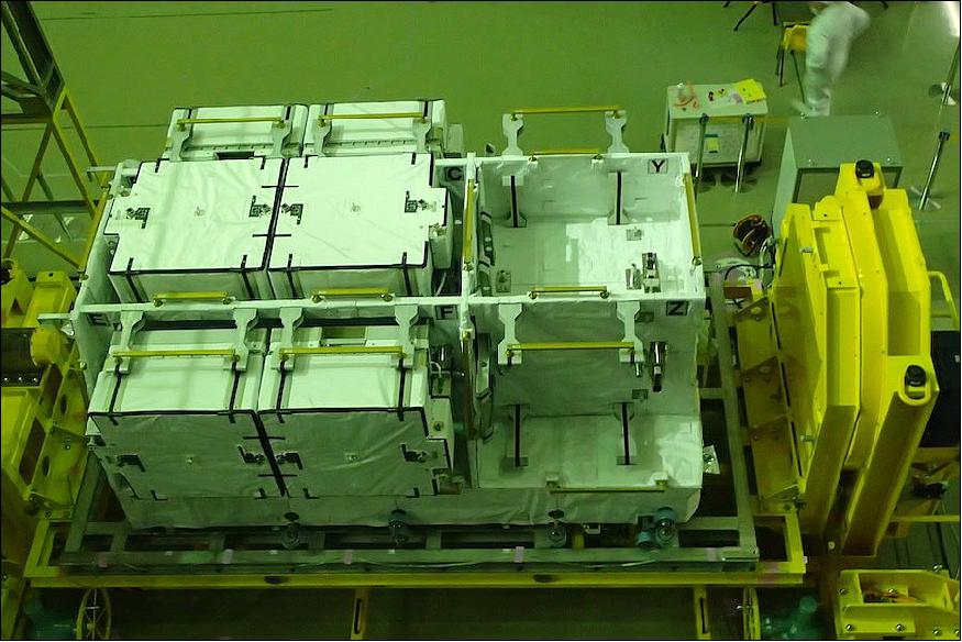 Figure 3: Six new lithium-ion batteries are loaded on a cargo pallet riding inside Japan’s Kounotori-8 spacecraft (image credit: JAXA)