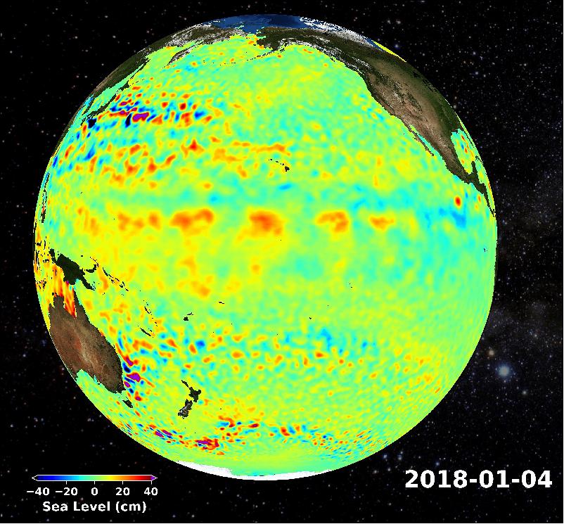 Figure 6: Jason-2/OSTM contributed to a long-term record of global sea levels. This image shows areas in the Pacific Ocean where sea levels were lower (blues) or higher (reds) than normal during the first week of January 2018 (image credit: NASA/JPL-Caltech)