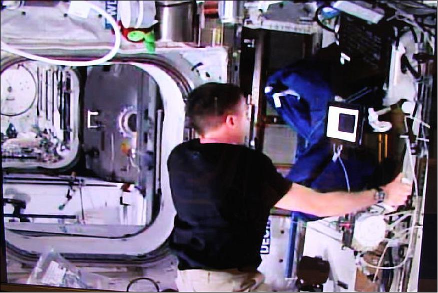 Figure 5: Haptics-2 on ISS: Astronaut Terry Virts on the ISS is shaking with the head of ESA's Telerobotics Lab André Schiele on the ground via a force-feedback joystick on the evening of 3 June 2015 (image credit: ESA, J. Harrod) 11)
