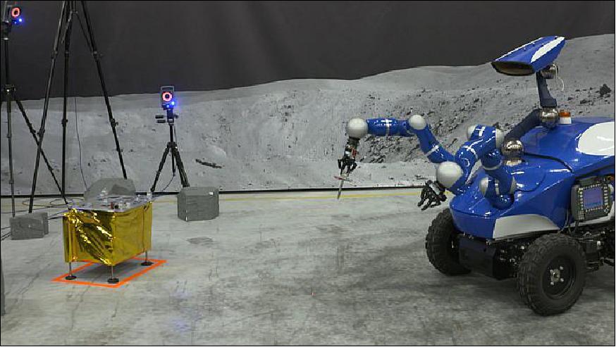 Figure 17: Photo of the Interact Rover at ESA/ESTEC, under the remote control of ESA astronaut Andreas Mogensen up on the ISS, during an afternoon of experiments on 7 September 2015. Andreas was tasked with using the rover to place a metal peg into a hole with just 0.15 mm of clearance. 24)