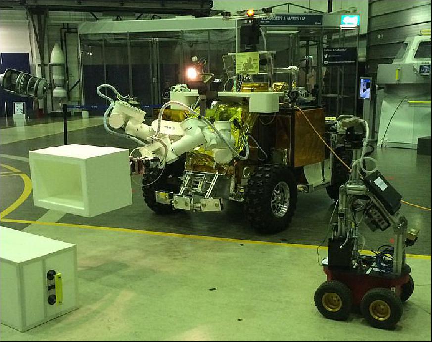 Figure 13: Photo of the Eurobot rover (left) with the surveyor rover during the Supvis-E experiment at ESA/ESTEC in the Netherlands (image credit: ESA) 19)