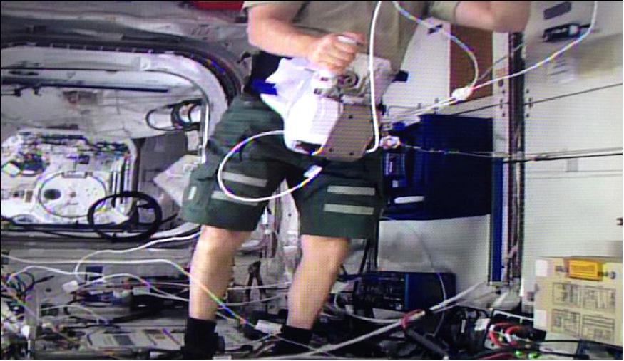 Figure 7: Photo of the Haptics device in a vest (or body) mounted configuration on ISS (image credit: NASA, ESA)